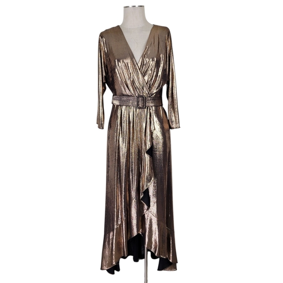 Eliza J High Low Dress Size 10 Metallic Ruffled Belted Surplice 3/4 Sleeve Lined - Picture 1 of 10